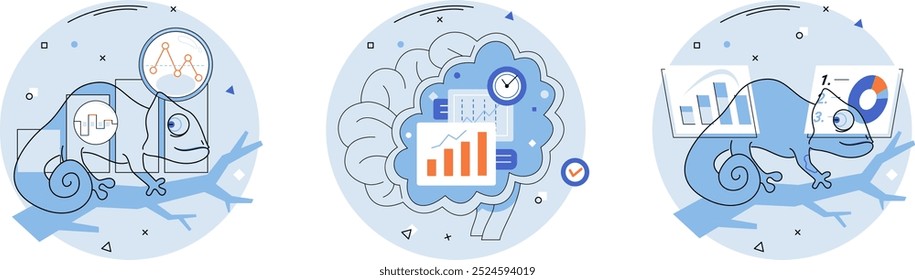 Adaptabilidad. Un camaleón y un cerebro rodeado de gráficos destacan la flexibilidad en los negocios, el análisis de datos y la toma de decisiones estratégicas. Ideal para estrategia de negocio, integración de datos