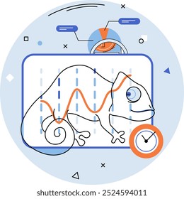 Adaptability. A chameleon integrated with a line graph in a modern style, emphasizing its ability to change and adapt. Ideal for adaptability, data analysis, change management, flexibility, modern