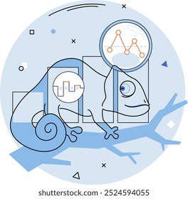 Adaptability. Chameleon on branch with analytics and graphs symbolizing versatility. Ideal for themes of adaptability business strategy data analysis change management and technology. Linear