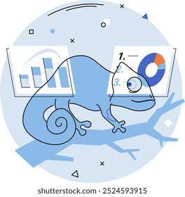 Adaptability. A chameleon sitting on a branch changes colors to blend with graph presentations. Ideal for business analytics, flexibility, market trends, data adaptation, and strategic planning