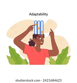 Adaptability concept. Cheerful person easily adjusting to change, regulating hat switch. Embracing flexibility with smile. Ability to cope and change for life circumstances. Flat vector illustration