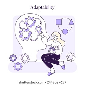 Adaptability concept. Illustration of a woman fitting gears into a head silhouette, depicting the skill of adapting to new challenges and solutions. Vector illustration
