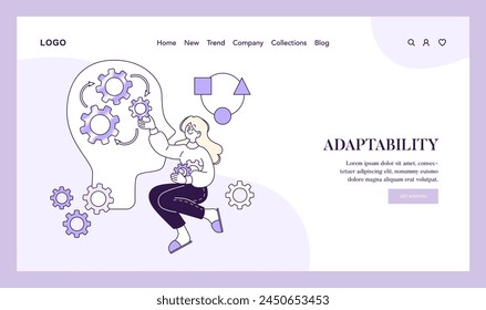 Adaptability concept. Illustration of a woman fitting gears into a head silhouette, depicting the skill of adapting to new challenges and solutions. Vector illustration