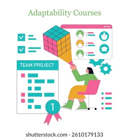 Adaptability courses focus on enhancing skills required for effective teamwork and project management. This illustration showcases a learner engaged in innovative problem-solving and collaboration.