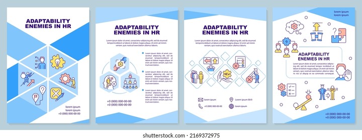 enemigos de adaptabilidad en la plantilla de folleto azul de HR. Problemas. Diseño del prospecto con iconos lineales. Editable 4 diseños vectoriales para presentación, informes anuales. Arial-Black, Myriad Pro-Regular fuentes utilizadas