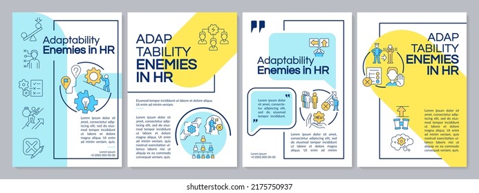 Adaptability enemies in HR blue and yellow brochure template. Problems. Leaflet design with linear icons. Editable 4 vector layouts for presentation, annual reports. Questrial, Lato-Regular fonts used