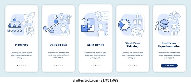 Los enemigos de adaptabilidad en la pantalla de aplicaciones móviles en color azul claro en HR. Recorrido 5 pasos instrucciones gráficas editables con conceptos lineales. UI, UX, plantilla GUI. Multitud de tipos de letra Pro-Bold, con uso regular