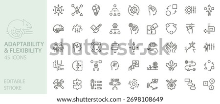 Adaptability and flexibility icons set. Thin line editable stroke vector outline illustrations.
