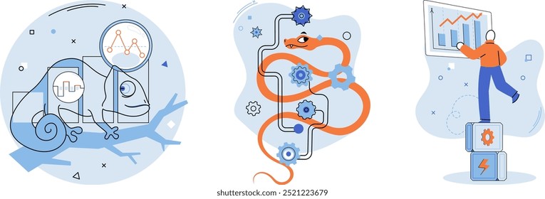 Adaptabilidade, flexibilidade, resiliência. Um pano de fundo camaleão sugerindo adaptabilidade, uma cobra entrelaçada com engrenagens significando agilidade e resolução de problemas, e uma pessoa de pé em blocos enquanto