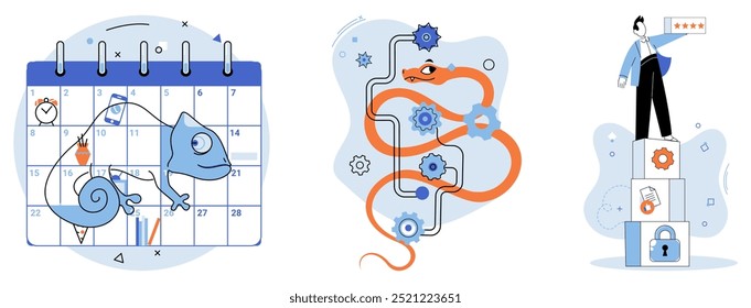 Adaptabilidade, flexibilidade, resiliência. Um camaleão em um calendário, um labirinto sinuoso de engrenagens e cobras, e uma pessoa de pé em blocos de construção simbolizam temas de gerenciamento de tempo, resolução de problemas