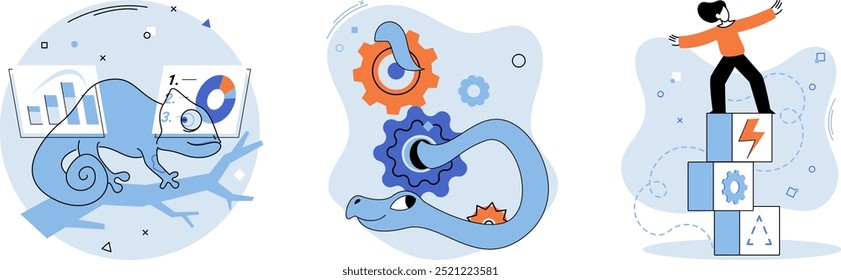 Adaptability, flexibility, resilience. A chameleon, a snake with gears, and a person balancing on blocks. Ideal for personal growth, change management, career development, problem-solving