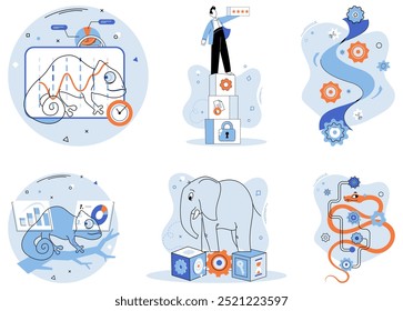 Adaptability, flexibility, resilience. A collection of visuals including chameleons, an elephant, graphs, gears, pathways, a person, and building blocks, emphasizing themes like change management