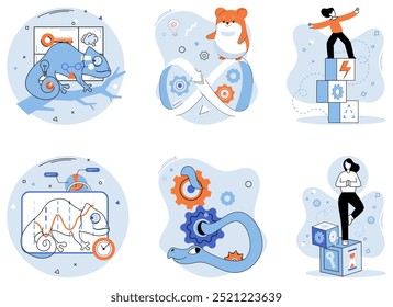 Adaptability, flexibility, resilience. Different scenes showcasing animals, gears, and people in growth and dynamic environments. Ideal for business development, personal growth, change management