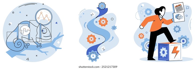 Adaptability, flexibility, resilience. Various icons display a chameleon, a winding path with gears, and a person navigating challenges. Ideal for business strategy, personal growth, technological