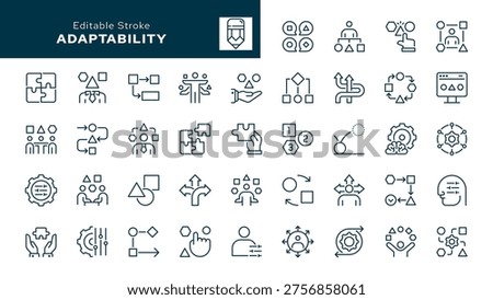 Adaptability. Set of outline icons. Adaptive, flexible, ability, agility, efficiency, integration, coping strategy, apid adaptation and more. Line icon in linear style. Vector collection	

