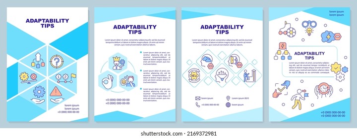 Adaptability tips blue brochure template. Flexibility skills. Leaflet design with linear icons. Editable 4 vector layouts for presentation, annual reports. Arial-Black, Myriad Pro-Regular fonts used