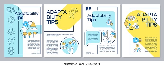 Adaptability tips blue and yellow brochure template. Flexibility. Leaflet design with linear icons. Editable 4 vector layouts for presentation, annual reports. Questrial, Lato-Regular fonts used