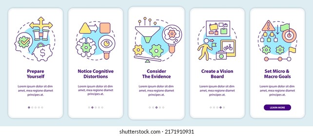 Adaptability tips onboarding mobile app screen. Embrace changes walkthrough 5 steps editable graphic instructions with linear concepts. UI, UX, GUI template. Myriad Pro-Bold, Regular fonts used