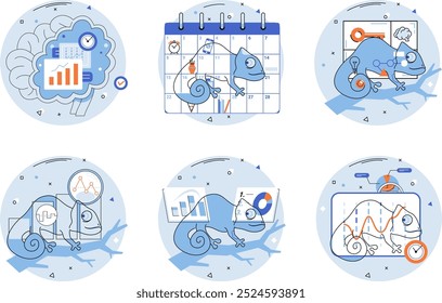 Adaptabilidade. Várias cenas de um camaleão ajustando-se a diferentes cenários de negócios, incluindo gráficos, e um calendário. Ideal para estratégias de negócios, análise de dados, planejamento, flexibilidade