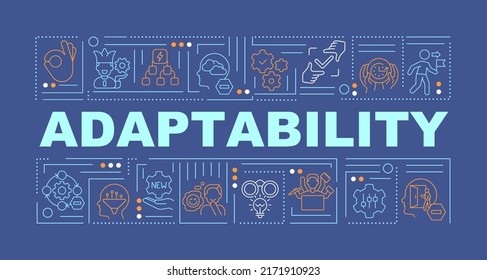 Adaptability word concepts dark blue banner. Ready for changes. Infographics with editable icons on color background. Isolated typography. Vector illustration with text. Arial-Black font used