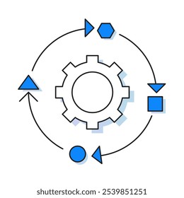 Ícone flexível adaptável - uma engrenagem circular com setas ao redor, representando a capacidade de ajustar ou adaptar