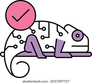 Adaptable Learning Icon – Chameleon with Circuit Lines, Highlighting AI's Flexibility and Learning Abilities. Vector illustration.