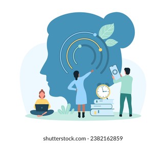 Adaptation to change, business behavior strategy, flexibility management vector illustration. Cartoon tiny people control circle sliders inside human head to adapt brain resources to work, challenge