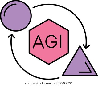 Adaptation to Changes Icon – Circular Arrows with AGI Text and Shapes, Highlighting Flexibility and Adaptability of AI Systems. Vector illustration.