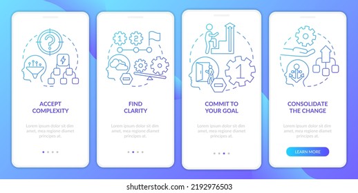 Adaptation to complex change blue gradient onboarding mobile app screen. Skills walkthrough 4 steps graphic instructions with linear concepts. UI, UX, GUI template. Myriad Pro-Bold, Regular fonts used