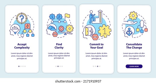 Adaptation to complex change onboarding mobile app screen. Skills walkthrough 4 steps editable graphic instructions with linear concepts. UI, UX, GUI template. Myriad Pro-Bold, Regular fonts used