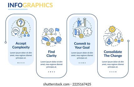 Adaptación a la plantilla infográfica de rectángulo de cambio complejo. Visualización de datos con 4 pasos. Gráfico de información de línea de tiempo editable. Diseño de flujo de trabajo con iconos de línea. Lato-Bold, fuentes regulares usadas