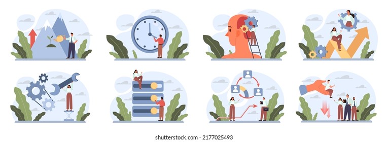 Adaptation concept set. Settings' changing to adopt to different situation. Change or evolve in uncertainty to survive and success, resilience or flexibility. Flat vector illustration