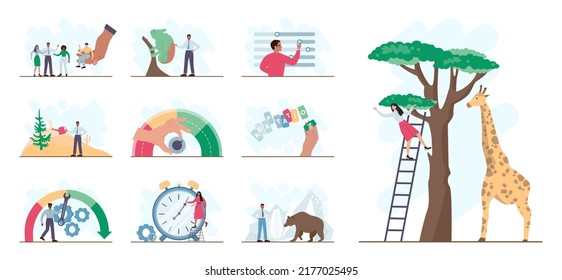 Adaptation concept set. Settings' changing to adopt to different situation. Change or evolve in uncertainty to survive and success, resilience or flexibility. Flat vector illustration