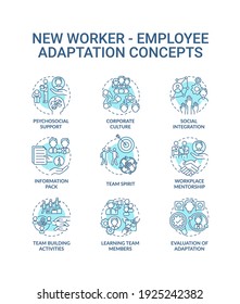 Adaptation of new worker concept icons set. Psychosocial support and team spirit idea thin line RGB color illustrations. Core values and mentorship. Vector isolated outline drawings. Editable stroke