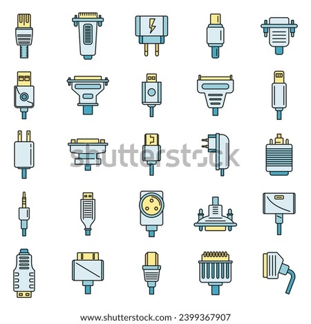 Adapter connector icons set. Outline set of adapter connector vector icons thin line color flat on white