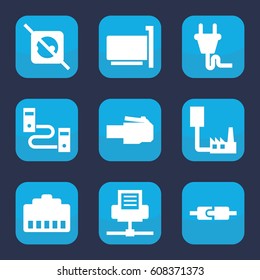 Adapter icon. set of 9 filled adapter icons such as plug, no plug, phone cable, phone connection cable, plug in power socket