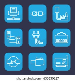 Adapter icon. set of 9 outline adapter icons such as plug, phone cable, phone connection cable, plug in power socket