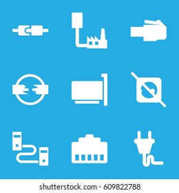 Adapter icons set. set of 9 adapter filled icons such as plug, no plug, phone cable, phone connection cable, plug in power socket