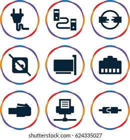 Adapter icons set. set of 9 adapter filled icons such as plug, no plug, phone cable, phone connection cable, plug in power socket