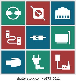 Adapter icons set. set of 9 adapter filled icons such as plug, no plug, phone cable, phone connection cable, plug in power socket