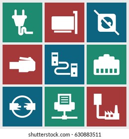 Adapter icons set. set of 9 adapter filled icons such as plug, no plug, phone cable, phone connection cable