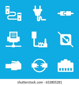 Adapter icons set. set of 9 adapter filled icons such as plug, no plug, phone cable, phone connection cable, plug in power socket