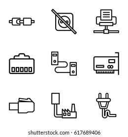 Adapter icons set. set of 9 adapter outline icons such as plug, no plug, phone cable, phone connection cable, plug in power socket