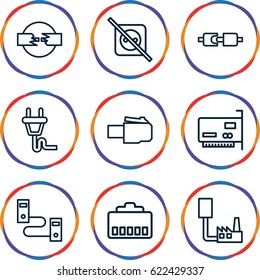 Adapter icons set. set of 9 adapter outline icons such as plug, no plug, phone cable, phone connection cable, plug in power socket