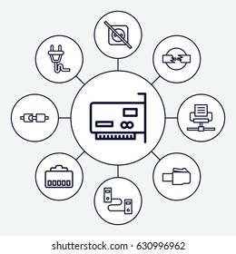 Adapter icons set. set of 9 adapter outline icons such as plug, no plug, phone cable, phone connection cable, plug in power socket