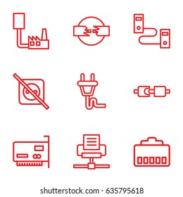 Adapter icons set. set of 9 adapter outline icons such as plug, no plug, phone cable, phone connection cable, plug in power socket