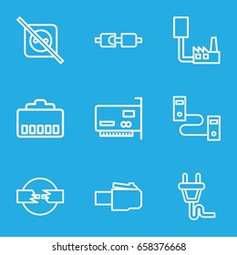 Adapter icons set. set of 9 adapter outline icons such as plug, no plug, phone cable, phone connection cable, plug in power socket