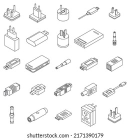 Conjunto de iconos del adaptador. Conjunto isométrico de iconos vectoriales del adaptador esquematizado en fondo blanco