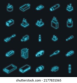 Adapter icons set. Isometric set of adapter vector icons neon on black