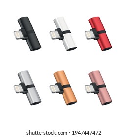 Adaptador para un cable de auricular USB a 3.5 mm de 8 pines en un smartphone. cable y cable de audio 3.5 para teléfono con android en fondo blanco